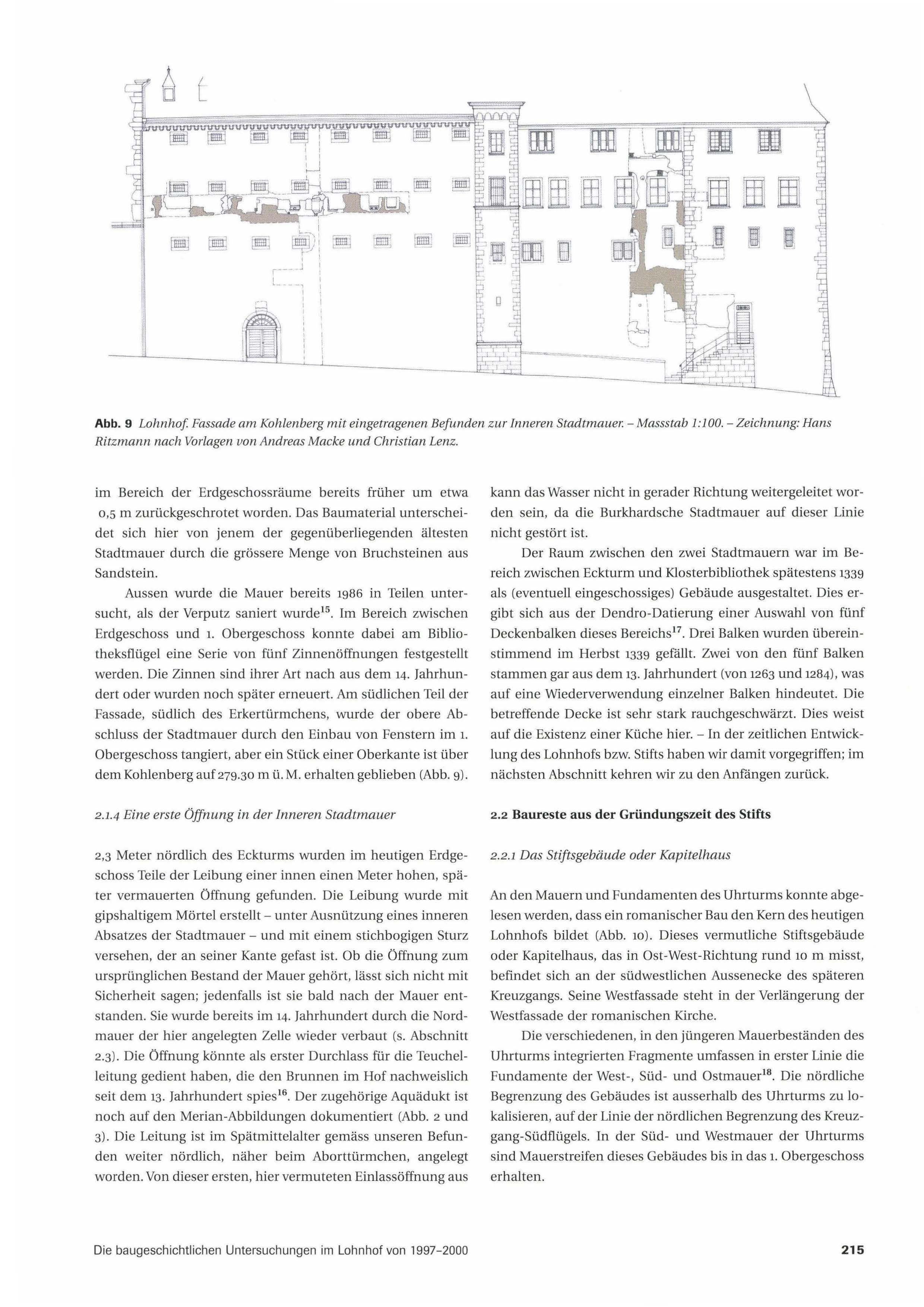 Lohnhof, Fassade am Kohlenberg mit eingetragenen Befunden zur Inneren Stadtmauer.